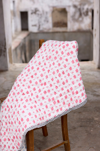 Hand-Block Printed Baby Quilt: Pink Elephants, Personalized Name, Cotton Kantha