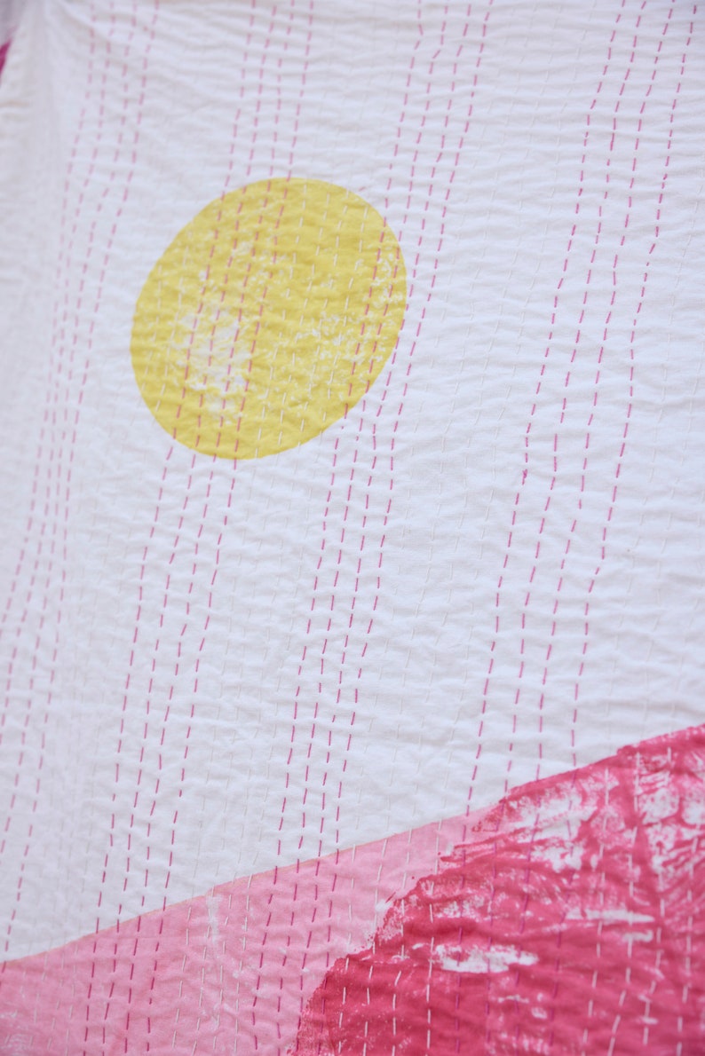 Hand-Stitched Kantha Throw Blanket: Block Printed Cotton Boho Decor