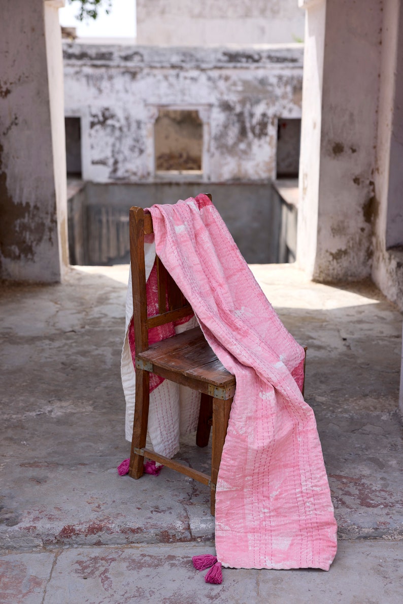 Hand-Stitched Kantha Throw Blanket: Block Printed Cotton Boho Decor