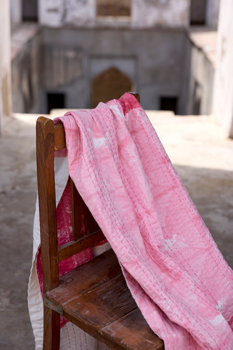 Hand-Stitched Kantha Throw Blanket: Block Printed Cotton Boho Decor