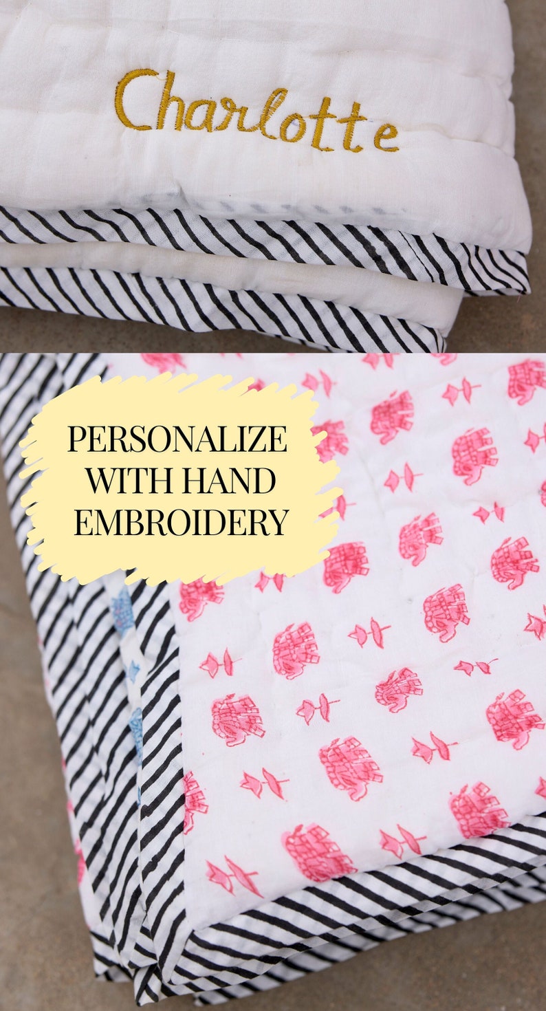 Hand-Block Printed Baby Quilt: Pink Elephants, Personalized Name, Cotton Kantha