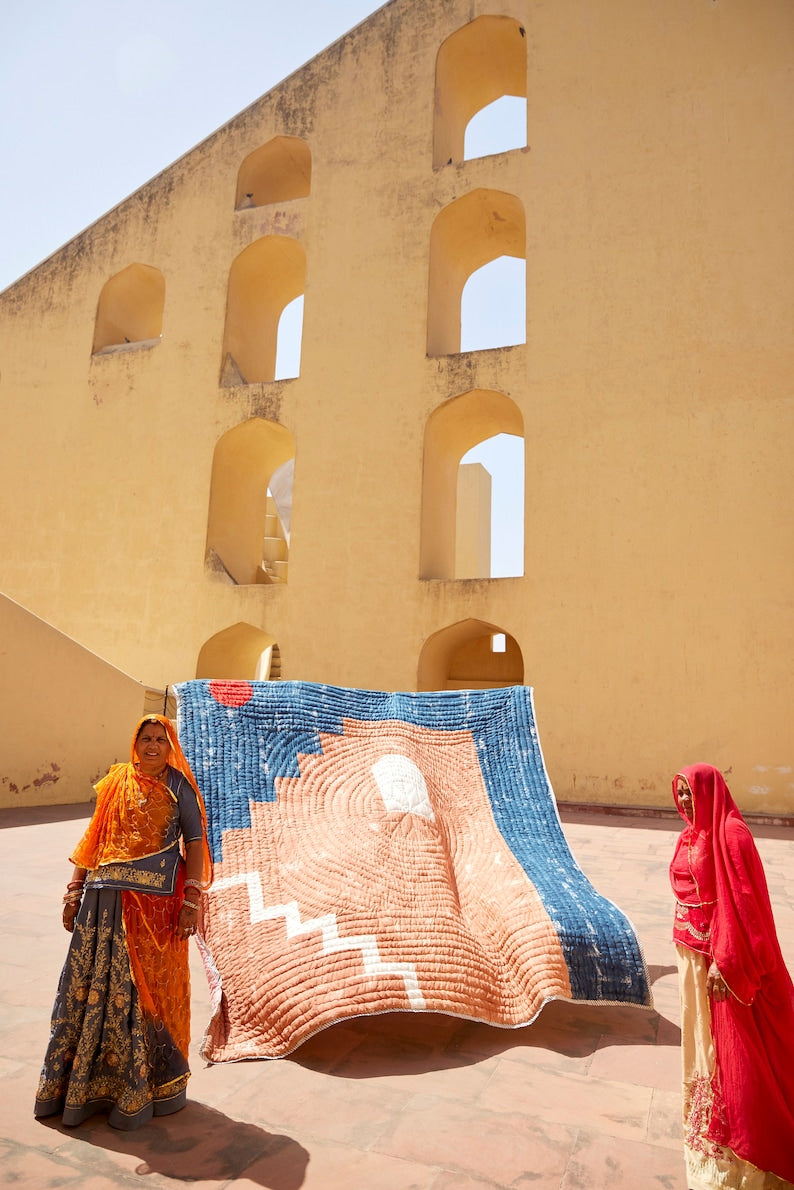 Hand-Block Printed Kantha Quilt: Reversible Cotton Bedding Set