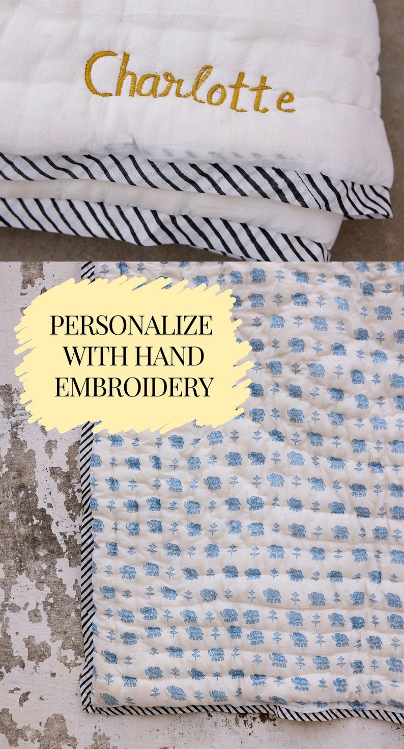 Handmade Baby Quilt: Blue Elephant Block Print, Personalized Cotton Blanket