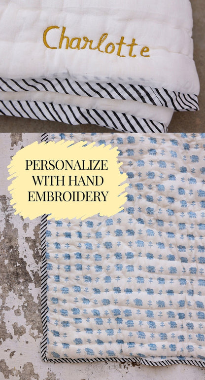 Handmade Baby Quilt: Blue Elephant Block Print, Personalized Cotton Blanket