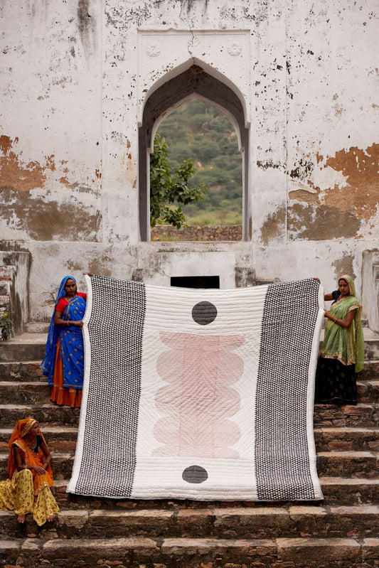 Handmade King Quilt: Reversible Block Print Kantha Blanket