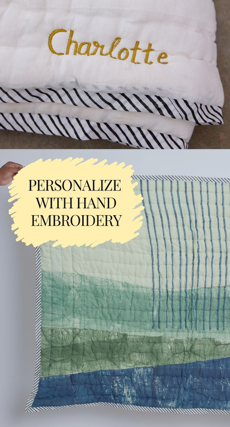 Hand-Block Printed Baby Quilt: Personalized Cotton Kantha, Boho Design