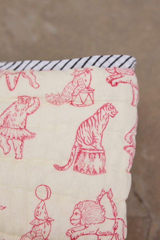 Handmade Circus Animal Baby Quilt: Block Printed Cotton Nursery Decor