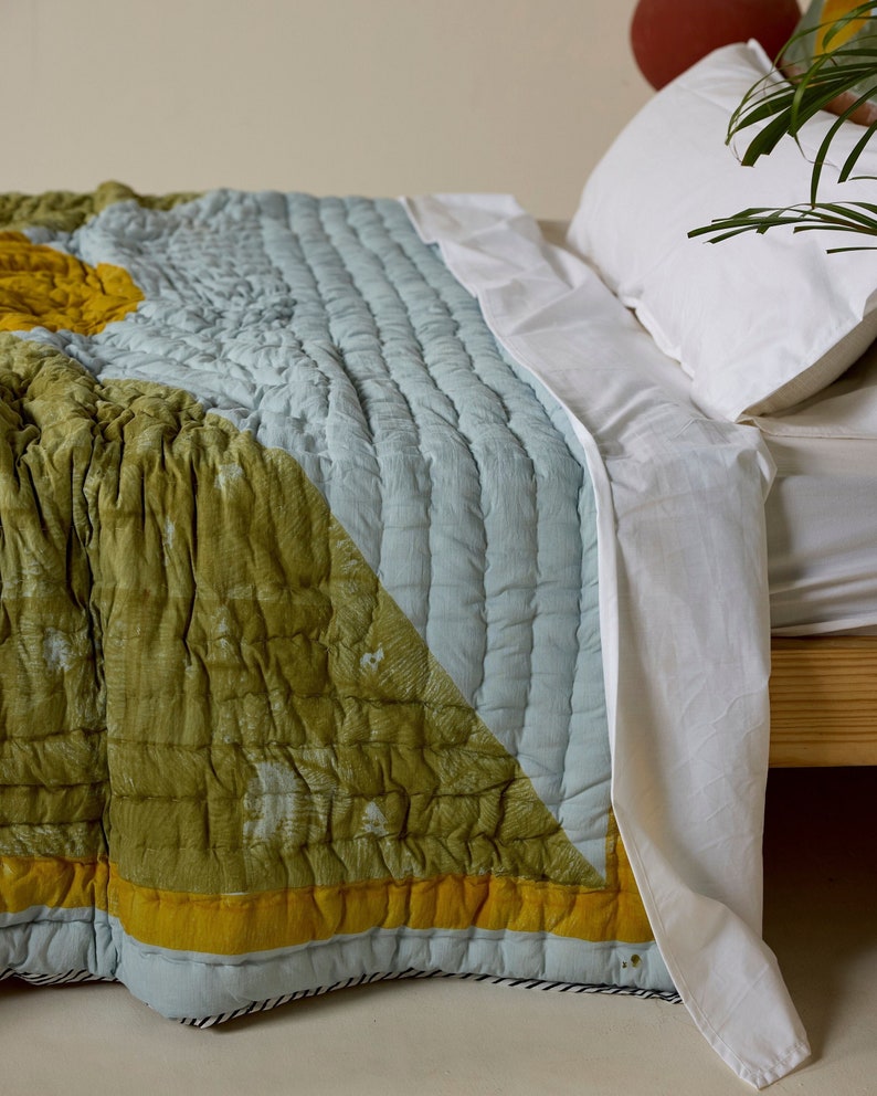 Handmade Twin Quilt: Modern Kantha Stitch Cotton Bedspread