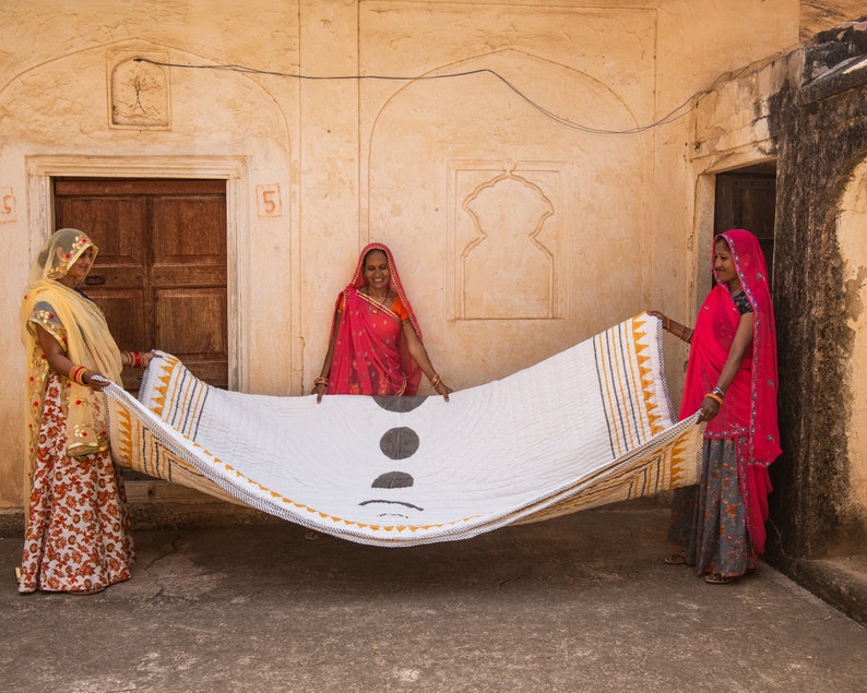 Reversible Kantha Quilt: Hand-Block Printed Sun & Moon Cotton Bedding