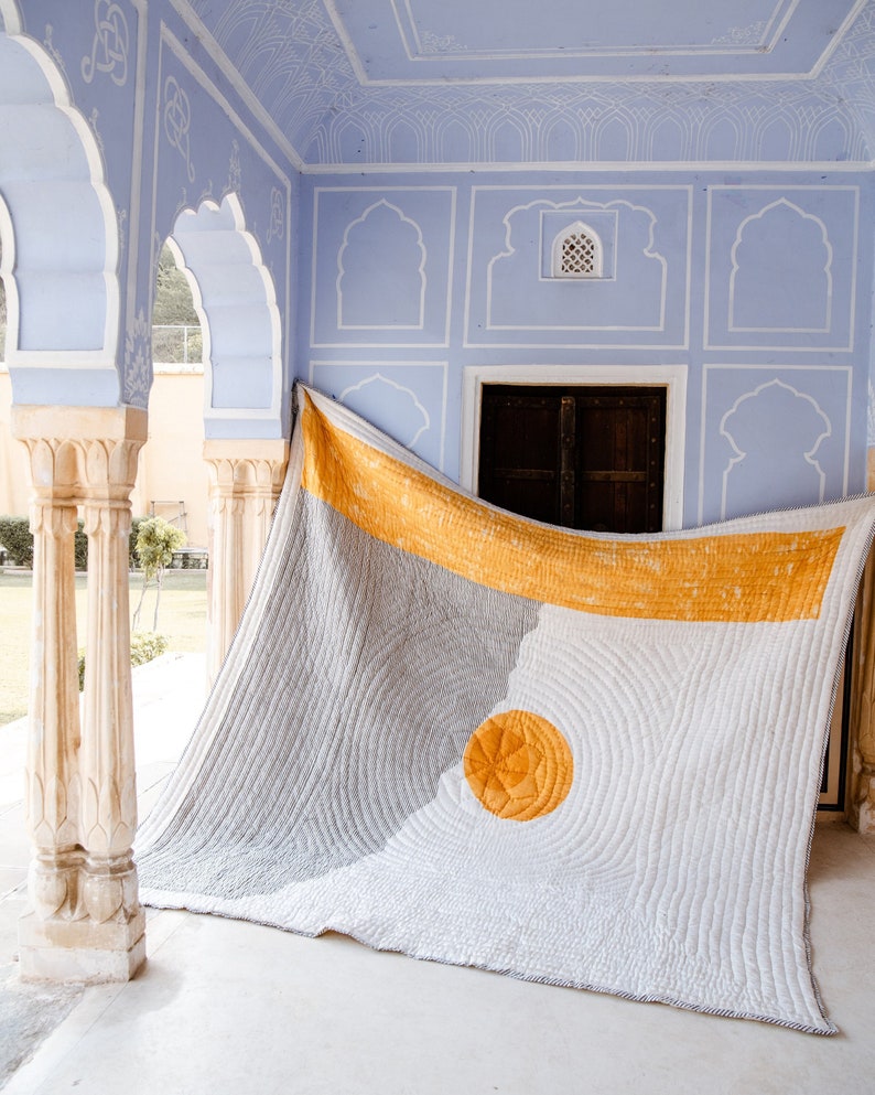 Reversible Kantha Quilt: Hand-Block Printed Sun & Moon Cotton Bedding
