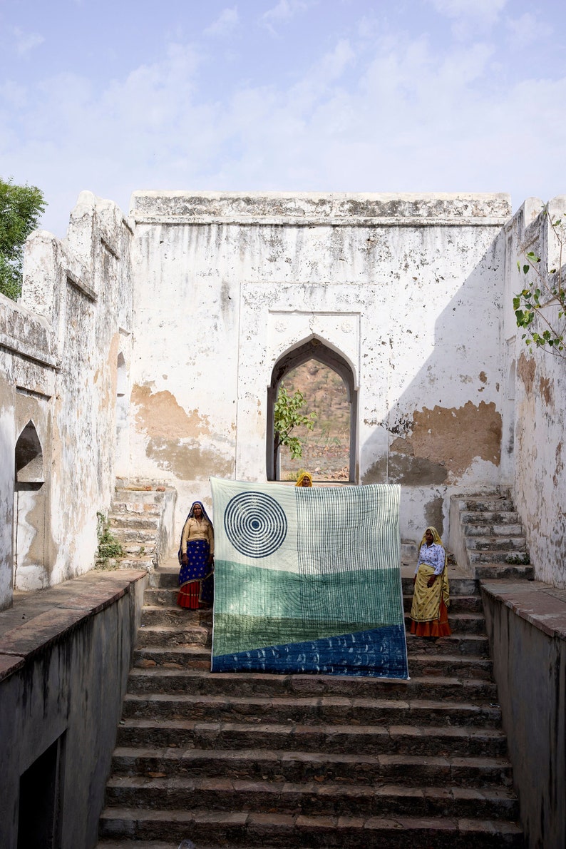 Handmade King Size Cotton Quilt: Hand-Printed Boho Bedspread