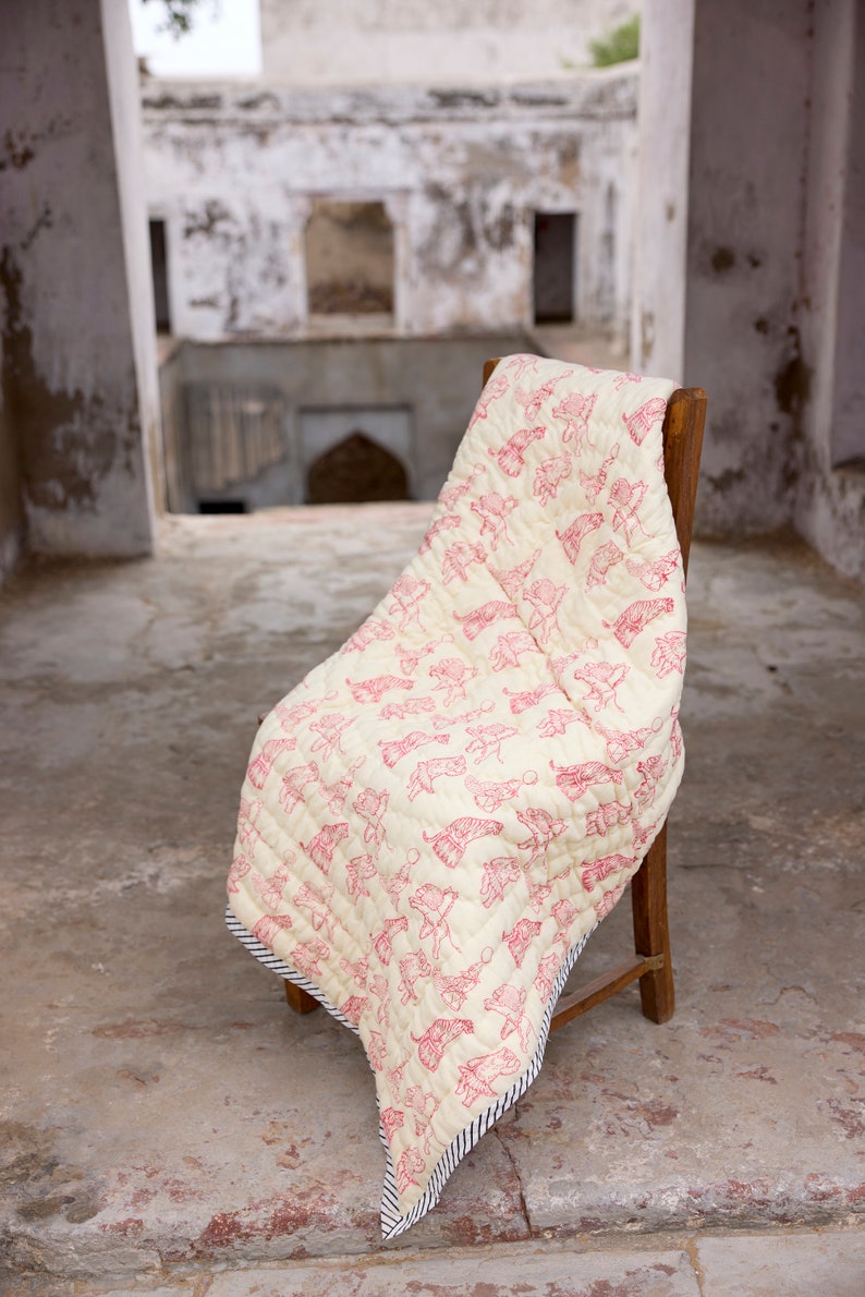 Handmade Block Print Baby Quilt: Red & Cream Stripes, Personalized Cotton Blanket