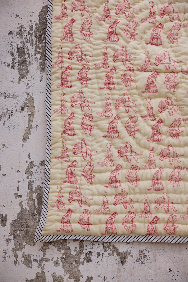 Handmade Block Print Baby Quilt: Red & Cream Stripes, Personalized Cotton Blanket