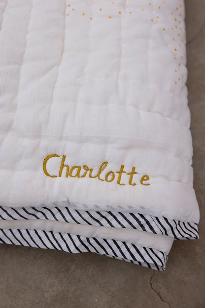 Hand-Block Printed Baby Quilt: Pink Elephants, Personalized Name, Cotton Kantha