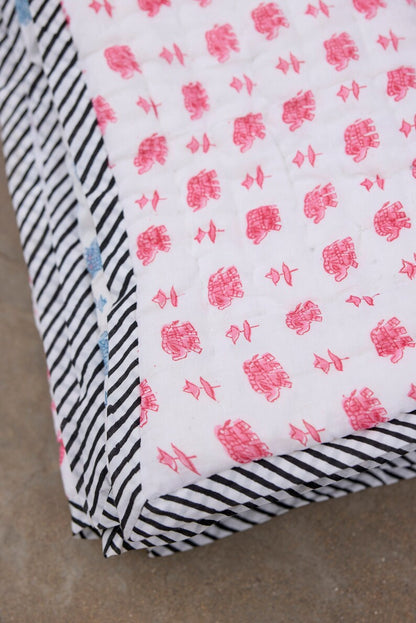 Hand-Block Printed Baby Quilt: Pink Elephants, Personalized Name, Cotton Kantha