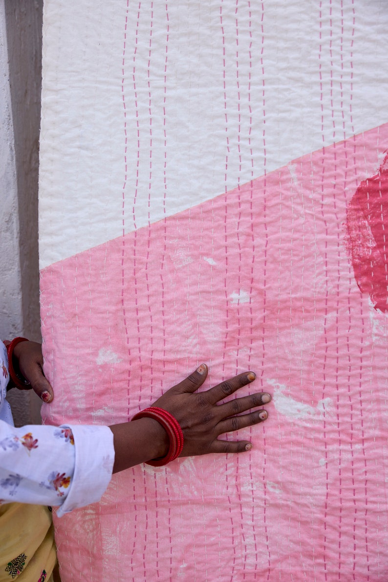 Hand-Stitched Kantha Throw Blanket: Block Printed Cotton Boho Decor