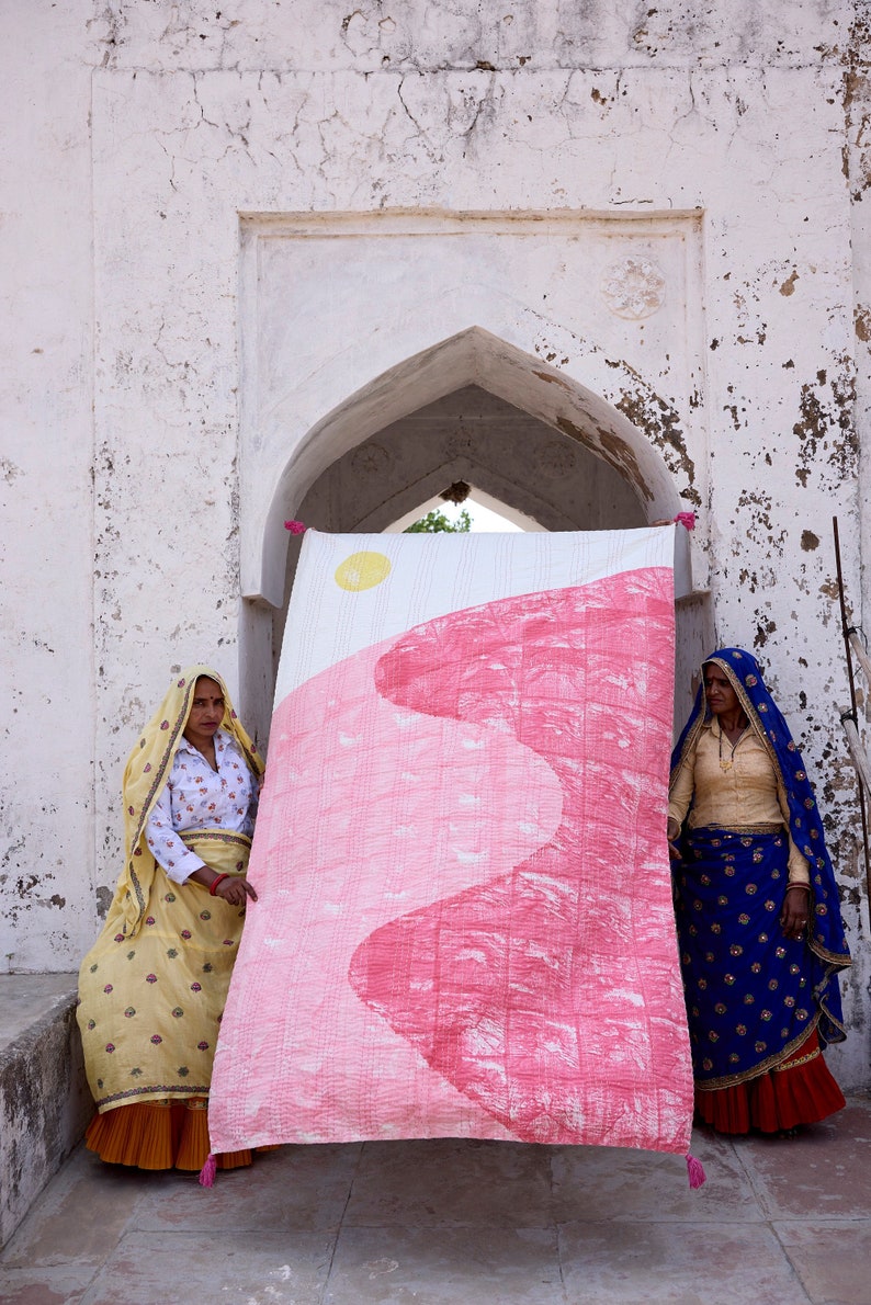 Hand-Stitched Kantha Throw Blanket: Block Printed Cotton Boho Decor
