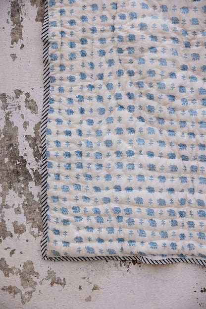 Handmade Baby Quilt: Blue Elephant Block Print, Personalized Cotton Blanket