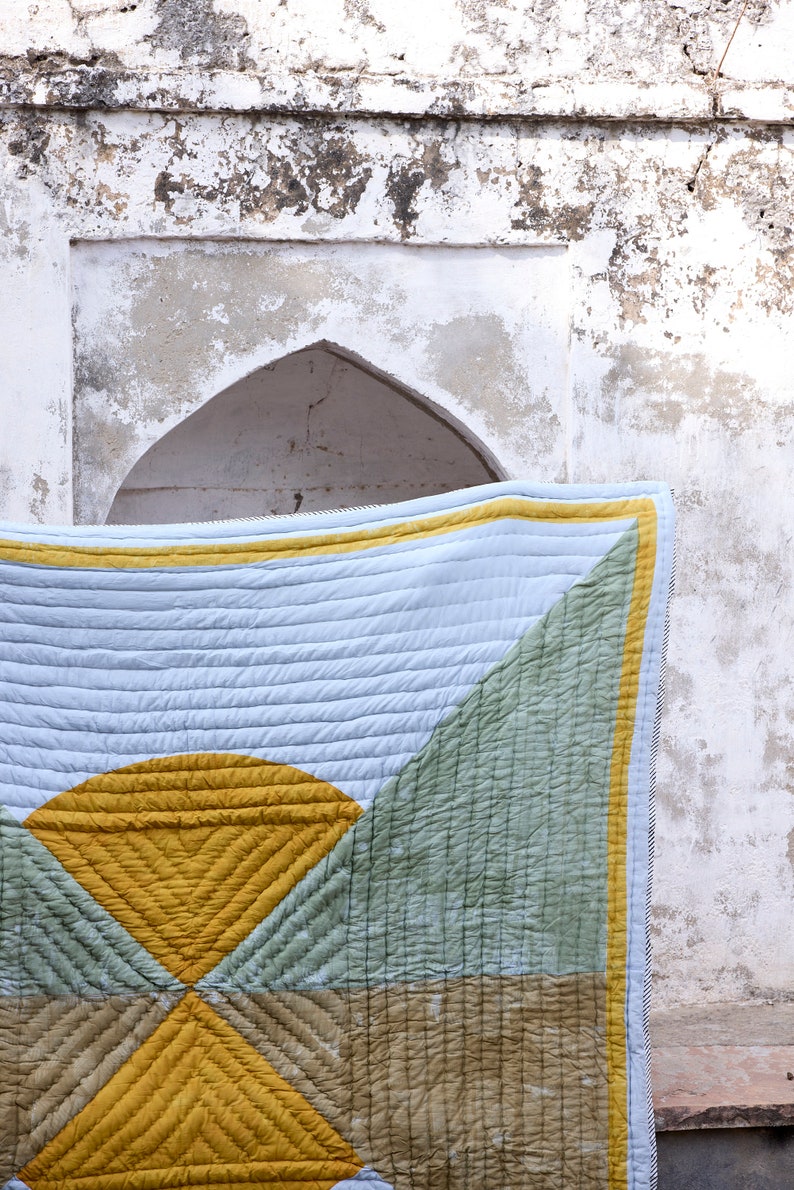 Handmade Twin Quilt: Modern Kantha Stitch Cotton Bedspread