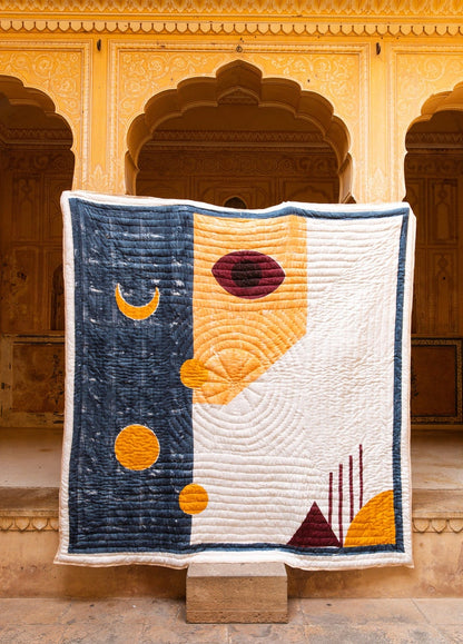 Handmade Block-Printed Cotton Quilt: Reversible Geometric Design