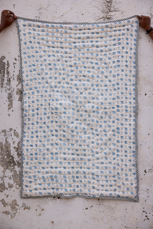Handmade Baby Quilt: Blue Elephant Block Print, Personalized Cotton Blanket