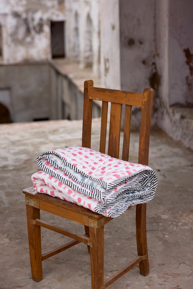 Hand-Block Printed Baby Quilt: Pink Elephants, Personalized Name, Cotton Kantha