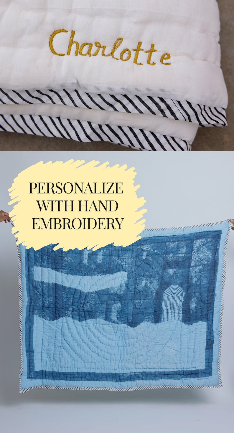 Personalized Baby Quilt: Hand-Embroidered Cotton Bedding, Block Print