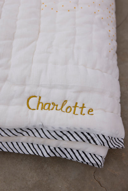 Personalized Baby Quilt: Hand-Embroidered Cotton Bedding, Block Print