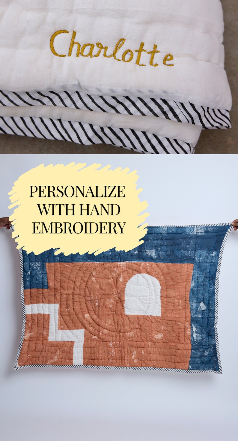 Hand-Block Printed Baby Quilt: Reversible Cotton Kantha Quilt, Personalized