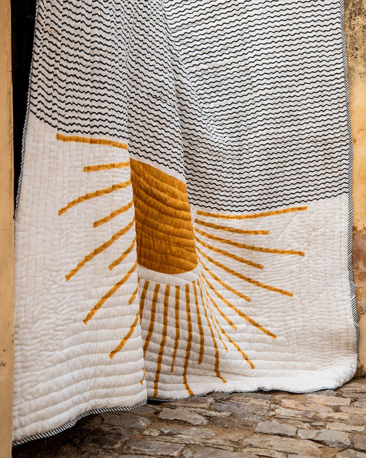Handmade Queen Quilt: Reversible Block-Printed Cotton Sun & Starry Night Bedspread