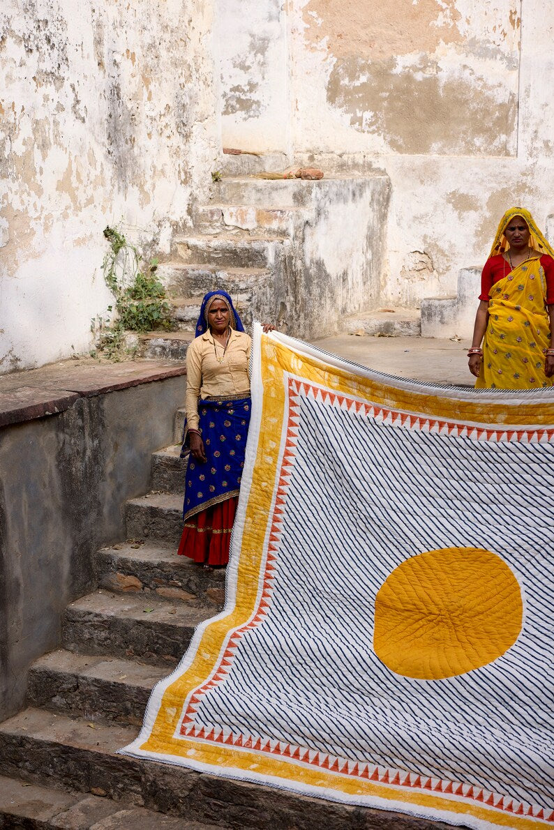 Handmade Queen Size Quilt: Block Printed Cotton Bedspread with Shams
