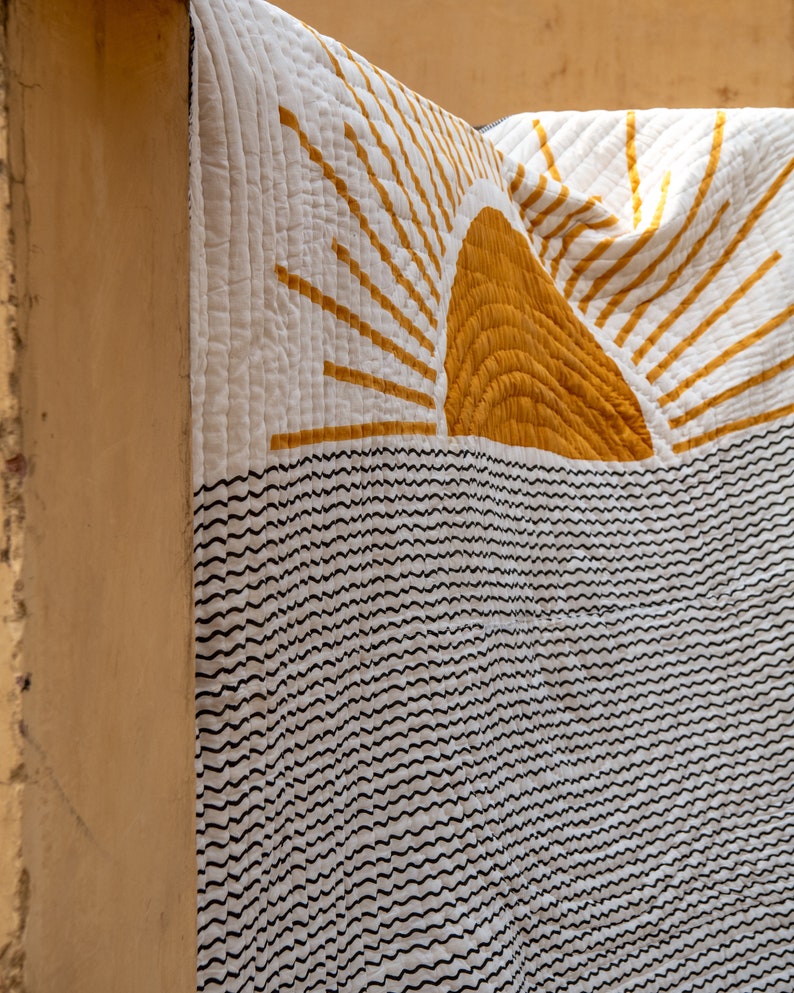 Handmade Twin XL Cotton Quilt: Van Gogh Starry Night Block Print Kantha Blanket
