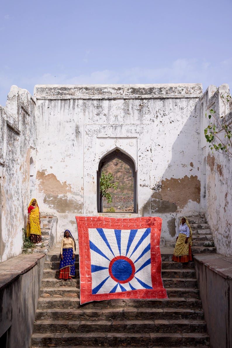Handmade King Quilt: Cotton Kantha Stitched Indian Bedspread