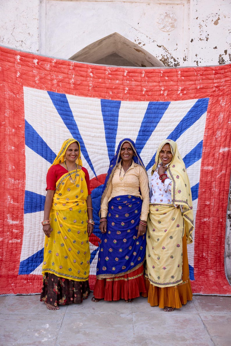 Handmade King Quilt: Cotton Kantha Stitched Indian Bedspread