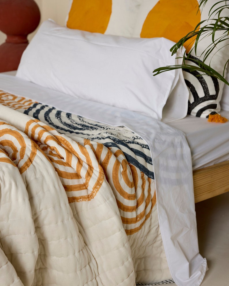 Handmade Twin Quilt: Boho Block Print Cotton Bedspread