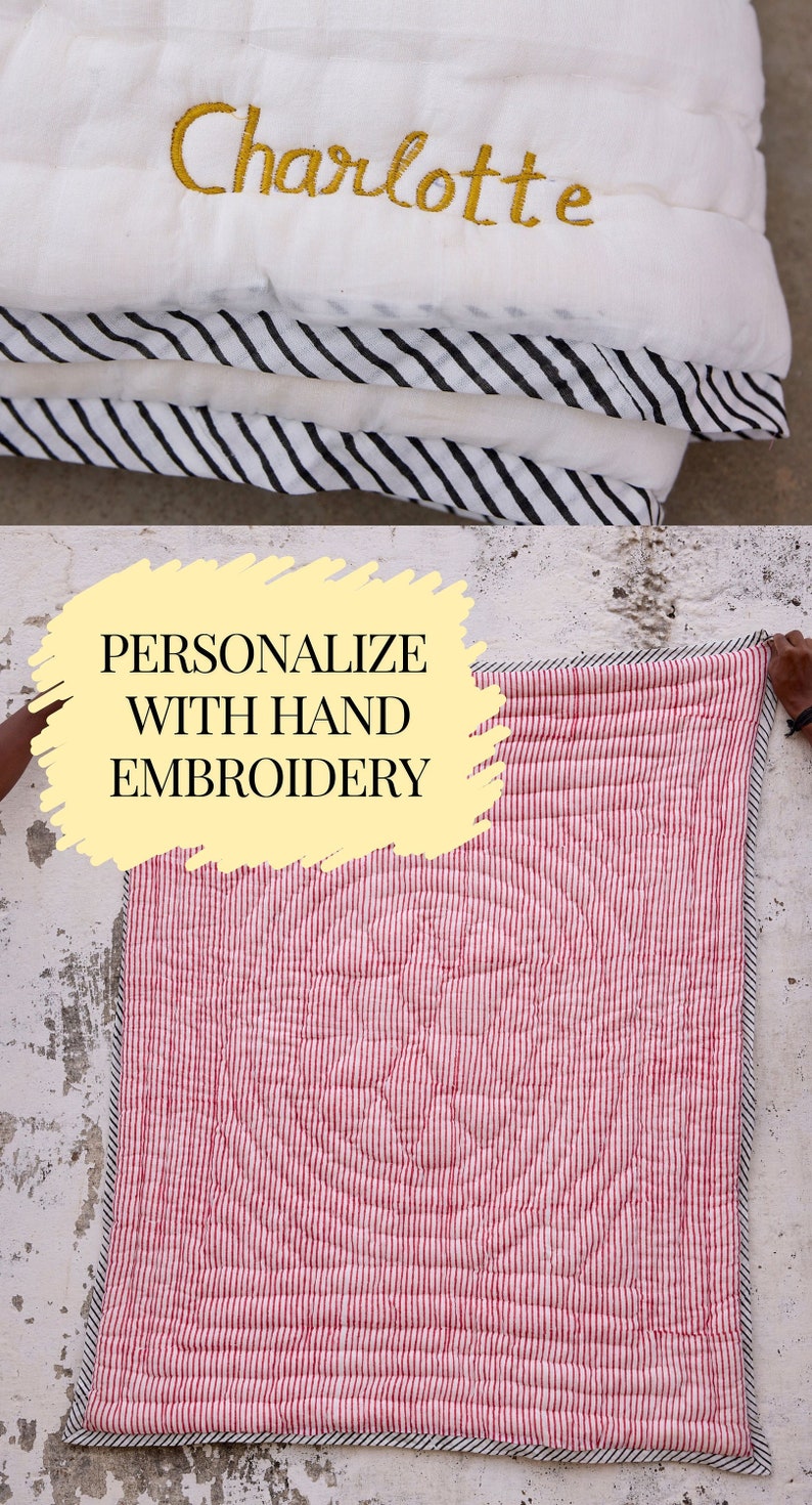 Handmade Block Print Baby Quilt: Red & Cream Stripes, Personalized Cotton Blanket