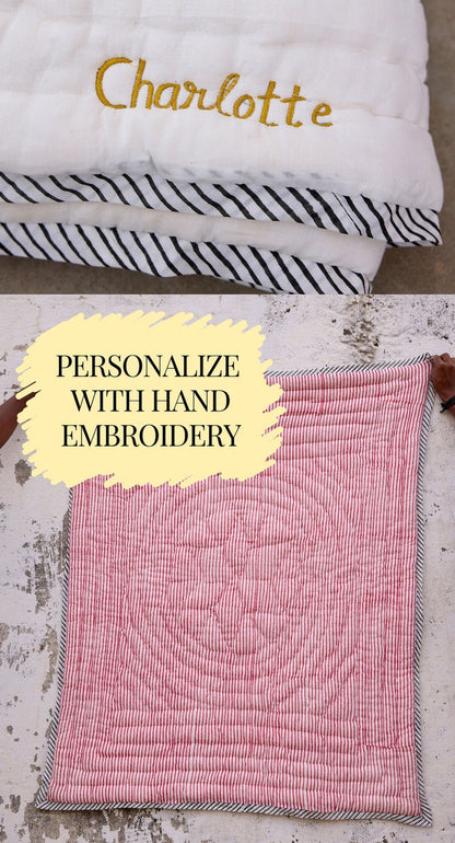 Handmade Block Print Baby Quilt: Red & Cream Stripes, Personalized Cotton Blanket