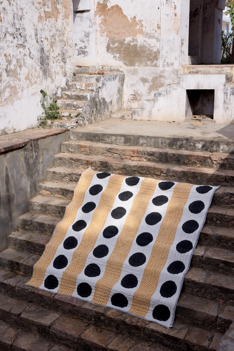 Handmade King Quilt: Cotton Kantha Stitched Indian Bedspread