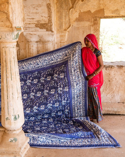 Handmade Cotton Quilt: King/Queen Size, Blue Floral Indian Bedspread