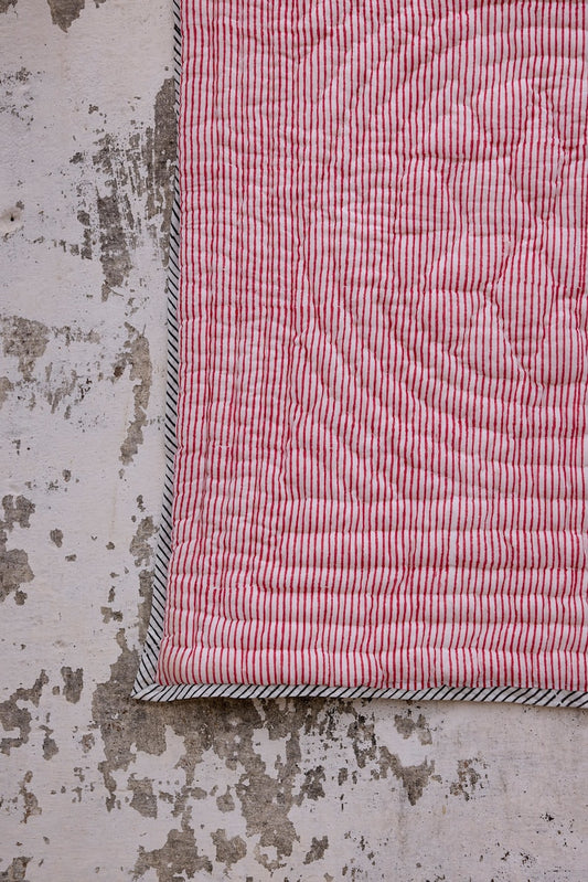 Handmade Block Print Baby Quilt: Red & Cream Stripes, Personalized Cotton Blanket