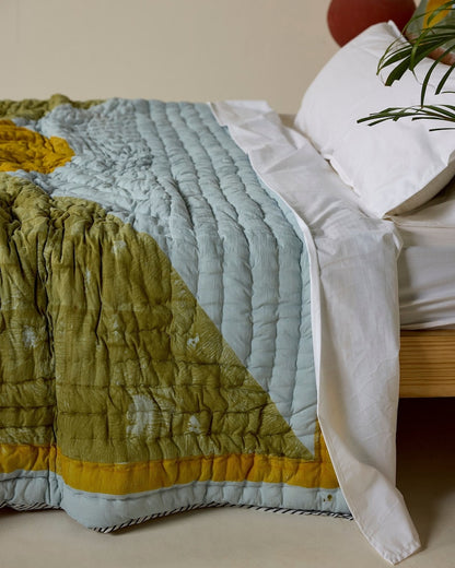 Handmade Kantha Stitch Quilt: Reversible Block Print Cotton Bedding