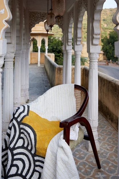 Hand-Block Printed Kantha Throw Blanket: Boho Cotton Quilted Throw (84” x 54”)