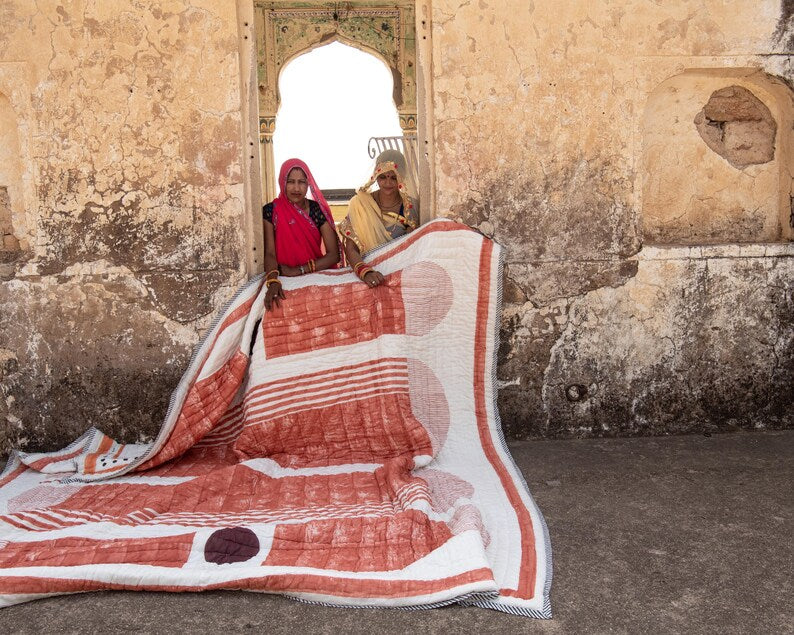 Handmade Cotton Quilt Set: Reversible Block Print Bedspread