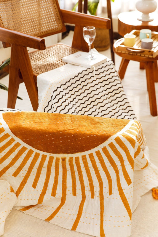 Hand-Stitched Linen Kantha Throw Blanket: Block-Printed Boho Accent