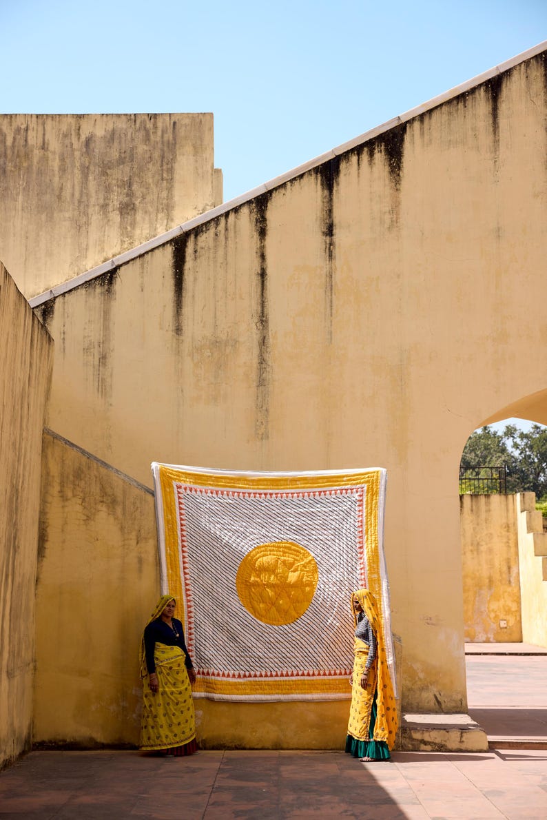 Handmade Cotton Gauze Quilt: Reversible Block Print Bedspread