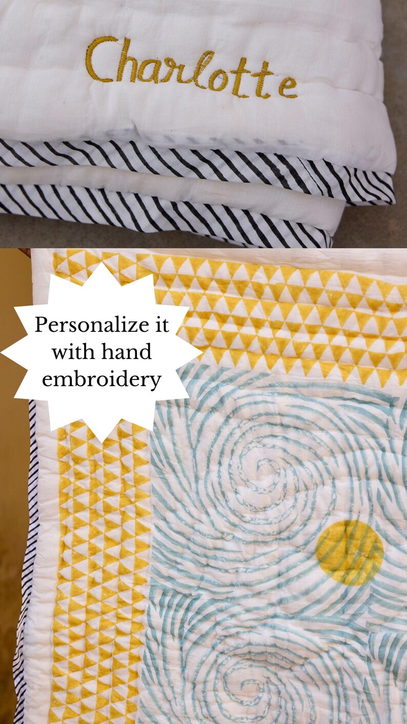 Personalized Baby Quilt: Hand-Block Printed Cotton Crib Bedding