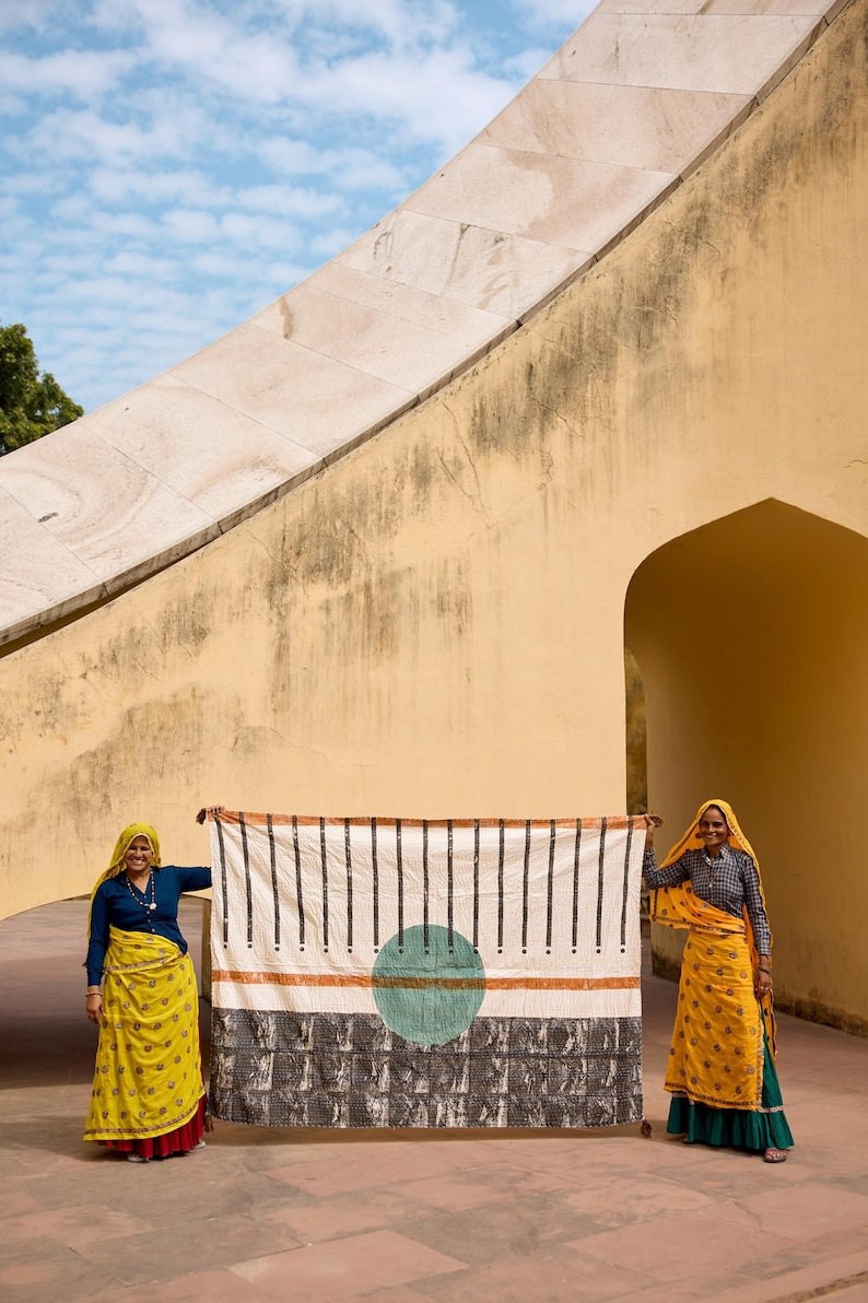 Hand-Stitched Kantha Throw Blanket: Block Print Cotton Quilt