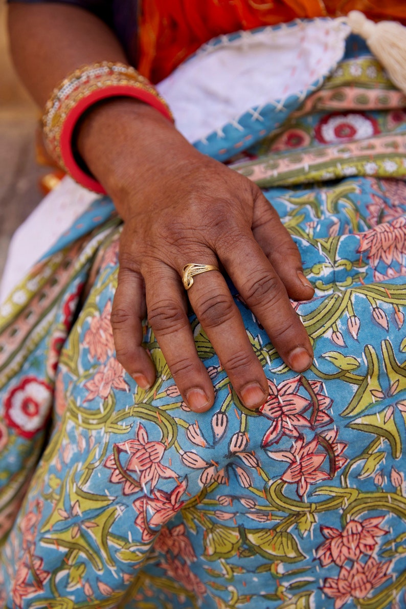 Hand-Stitched Kantha Throw Blanket: Blue Lotus Floral, Indian Cotton