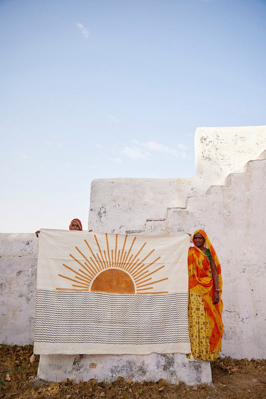 Handmade Linen Kantha Throw Blanket: Sun Design Block Print