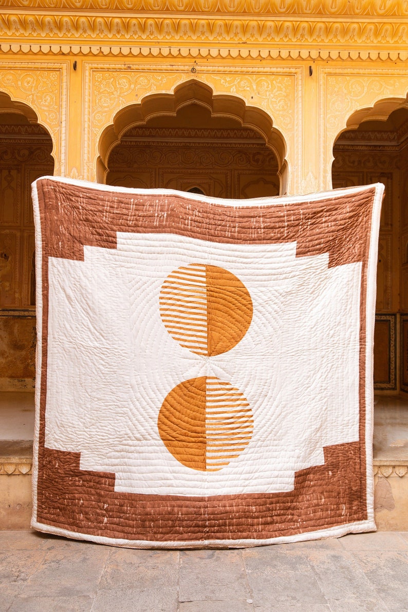 Handmade Block Printed King Quilt: Reversible Southwestern Cotton Bedspread